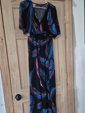 Express Black Maxi Dress with Blue, Pink & Tan Feather Motif
